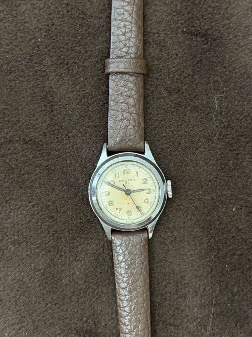 Croton EL Women's Vintage Manual Wind Analog Watch Beige Dial Leather Strap